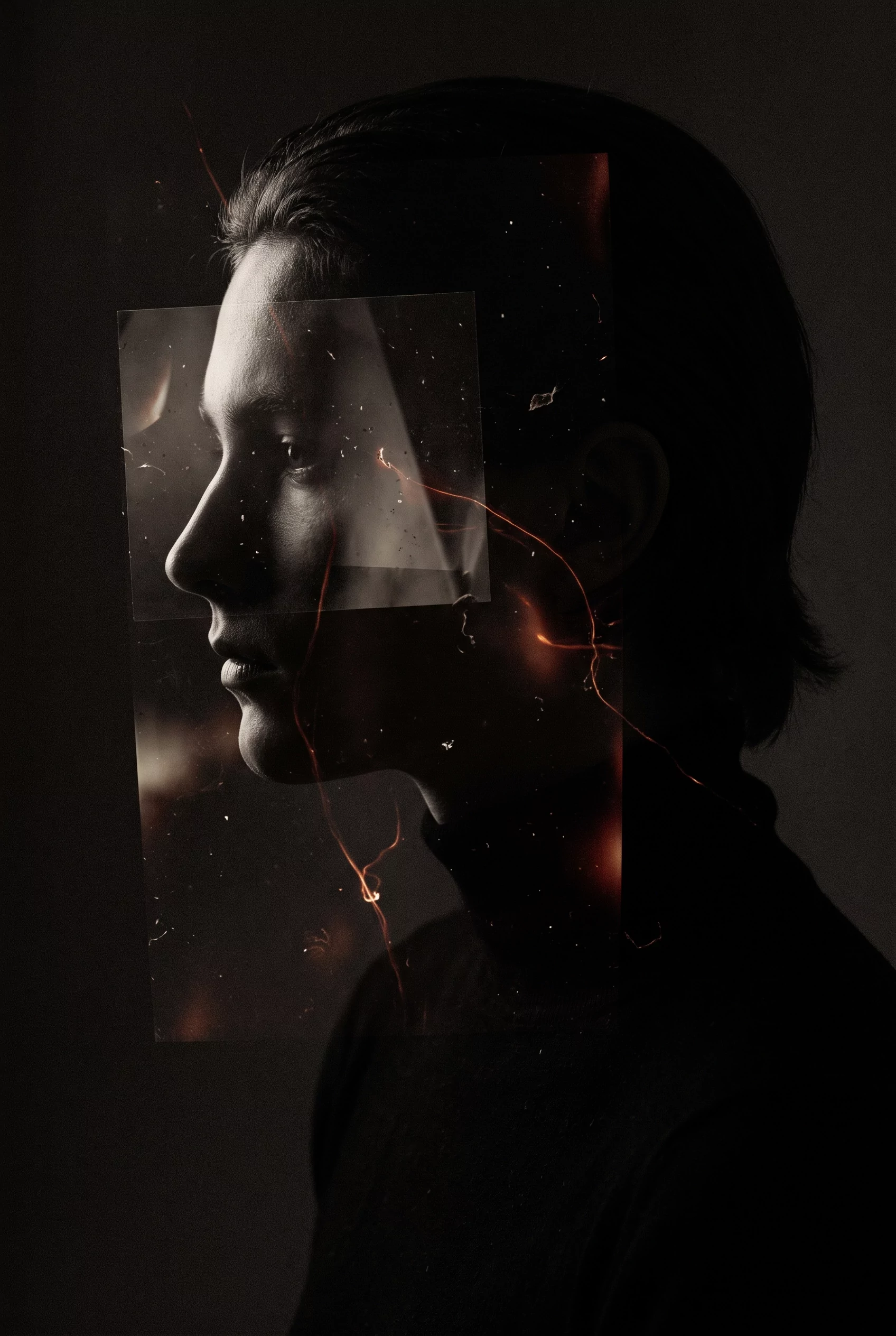 A human profile reconstructed through translucent archival fragments